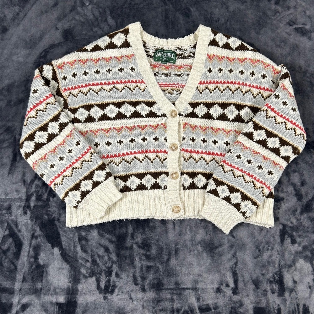 American Eagle Cardigan Sweater Womens Small Cream Fair Isle Geometric Knit Crop